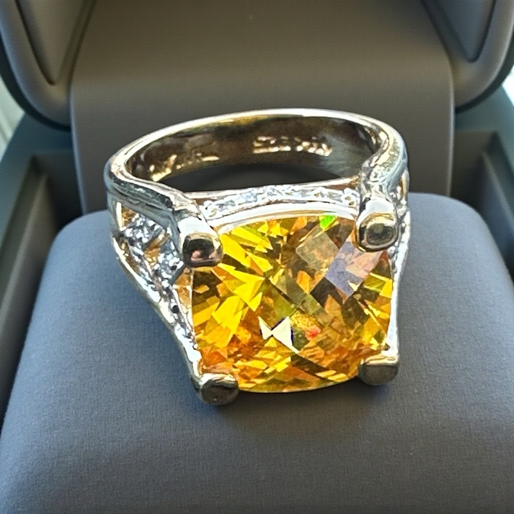 Stunning 13mm Citrine & 14k Gold Plated Sterling Silver Ring
